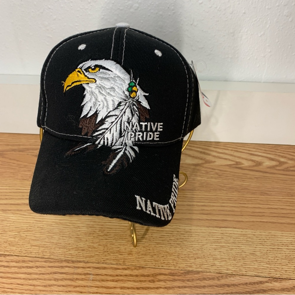 Native Pride INDIAN Bald Eagle Black Embroidered Cap Hat, velcro adjustable back